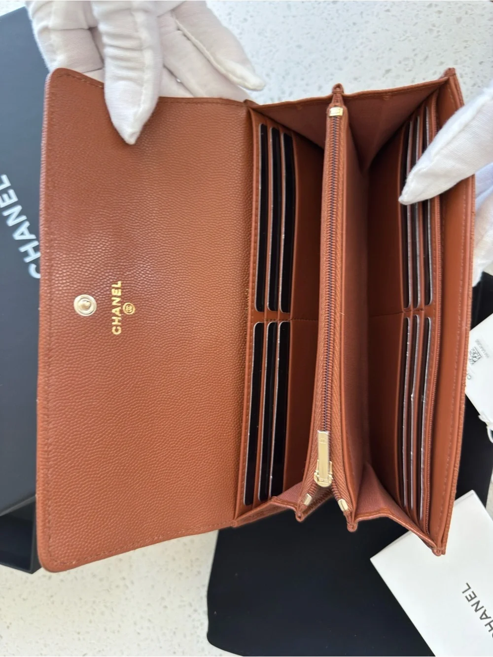 CHANEL Quilted Caviar Leather Wallet in Cognac Brown with Gold CC